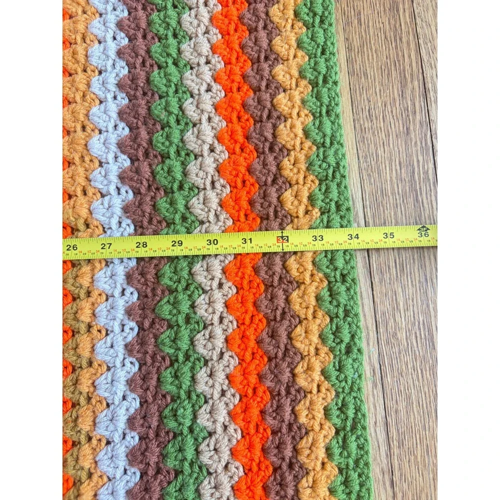 Vintage Handmade Crochet Afghan Blanket 70s Earthy Green Orange Brown 33x77